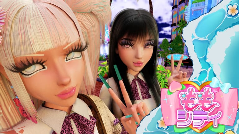 Two Momo City avatars posing in a night plaza with the official peach logo overlay