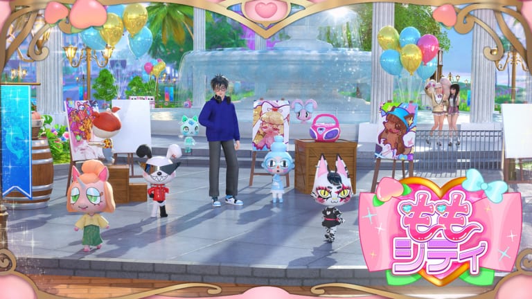 Plaza fountain in Momo City with animal-style NPCs, easels, and balloons